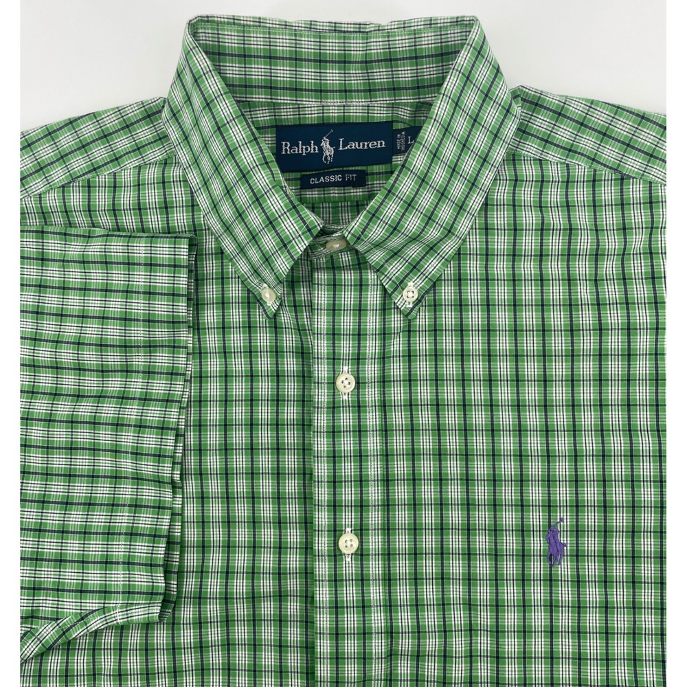 Ralph Lauren Button Down Shirt Men L Green Plaid Short Sleeve Classic Fit Preppy